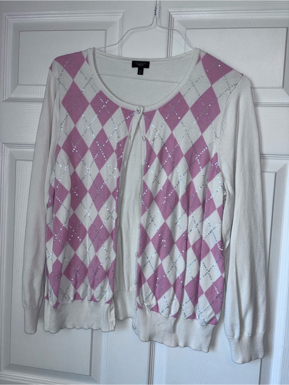 Talbots Pink Argyle Crewneck Sweater Cardigan - White & Pink 2X